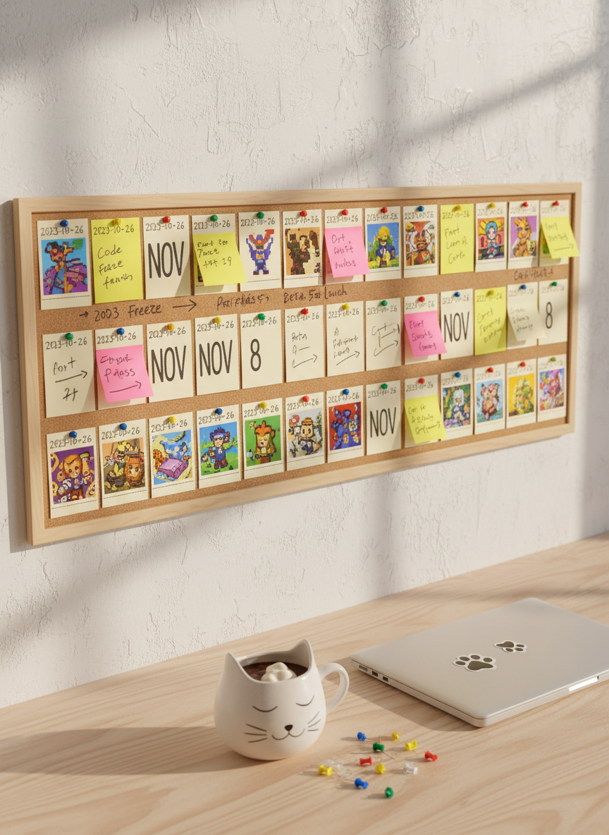 An overhead, photographic view of a long corkboard timeline mounted on a slightly scuffed white studio wall, covered in neatly pinned index cards, sticky notes, and small printed game art thumbnails. Each card has bold, date-like markings and brief, illegible scribbles suggesting chronological dev updates. At the bottom of the frame, a sleepy cat-shaped mug filled with cocoa rests on a simple plywood table, beside a scattered handful of colored pushpins and a closed laptop with a subtle paw-print sticker. Soft, diffused afternoon light from an unseen window brightens the scene, creating a calm yet organized mood. The composition is clean and modern, with sharp focus and a playful, documentary feel that hints at ongoing progress logs and archives.