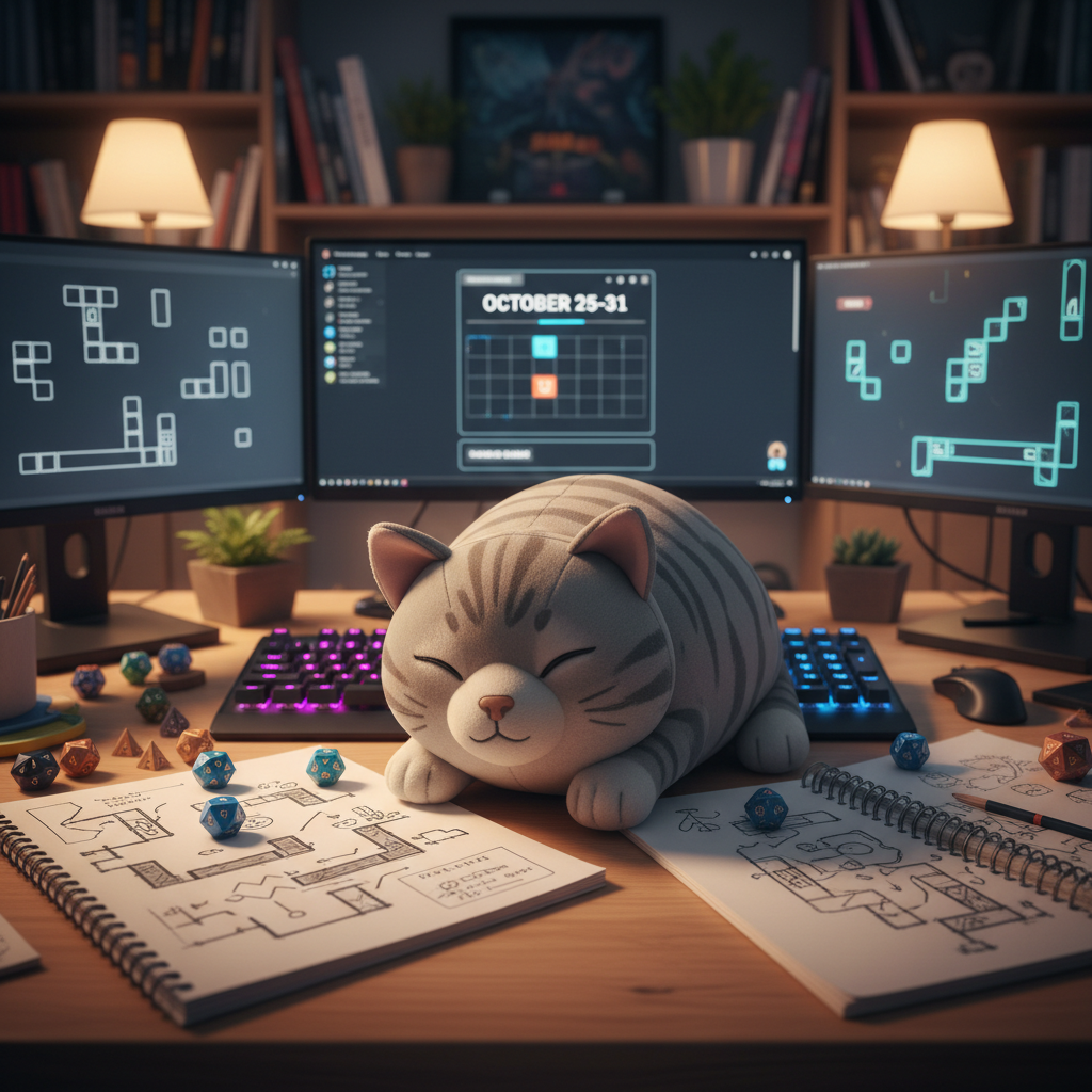 A cozy nighttime game studio scene where a plump, gray tabby cat plush with embroidered sleepy eyes lounges atop a cluttered wooden desk. Around it lie open sketchbooks filled with hand-drawn level designs, colorful dice, and a glowing mechanical keyboard. Multiple monitors display blurred game prototype screens and a calendar view with recent dates subtly visible. Warm desk lamps and soft monitor light create a gentle glow, casting playful shadows and reflections on the desk surface. Photographic realism, shot at eye level with a shallow depth of field, focusing on the plush cat as the whimsical mascot of the dev team, conveying a playful, behind-the-scenes atmosphere for a game development blog.