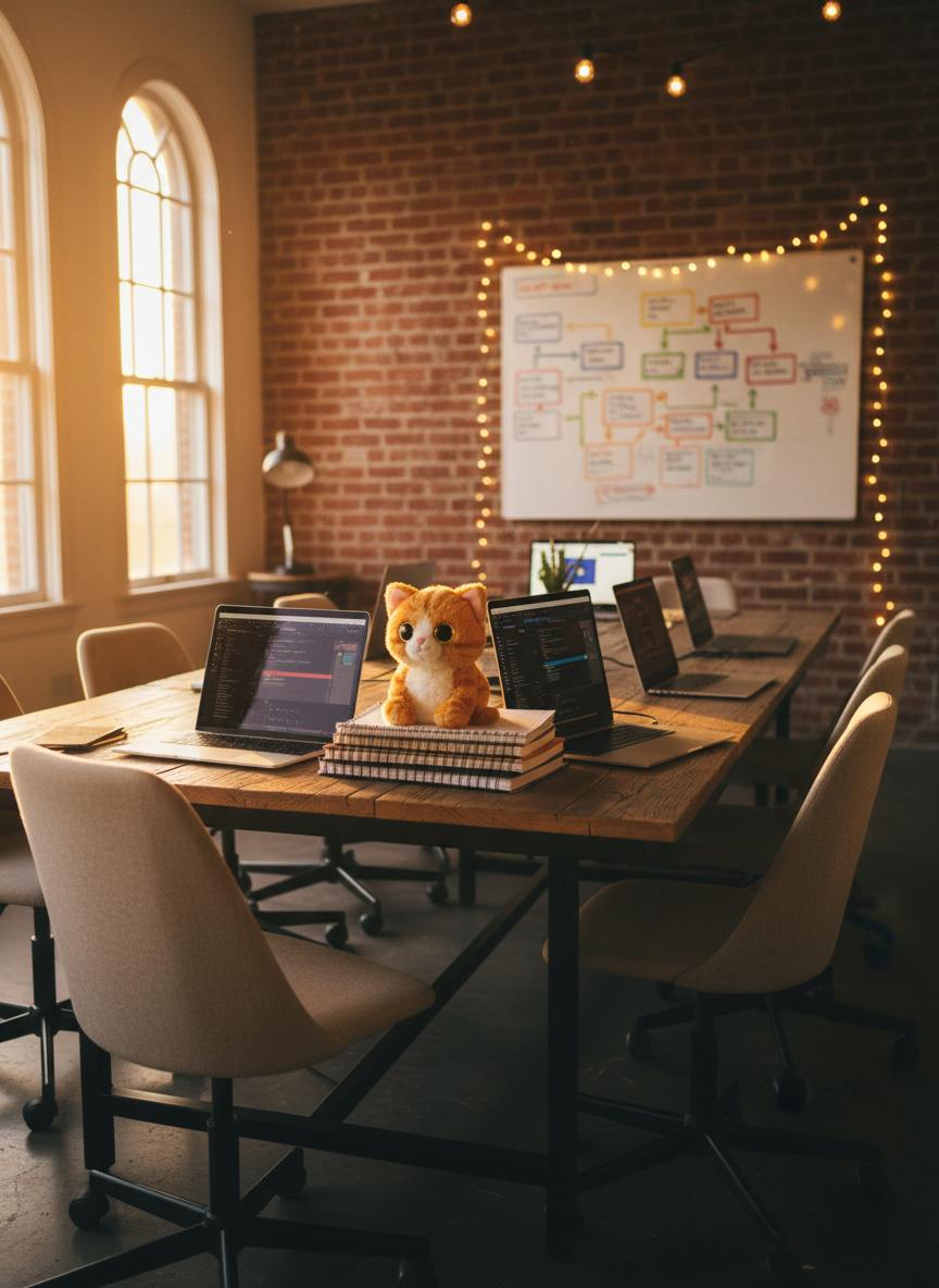 A shared indie game workspace at golden hour, captured in photographic realism, with several unoccupied swivel chairs surrounding a large, well-worn wooden table. On the table sit multiple laptops with glowing screens showing blurred code, task boards, and game editor windows. A plush orange cat toy perches on a stack of notebooks labeled with recent sprint dates and doodled stars. Fairy lights drape along a brick wall, and a whiteboard in the background shows a colorful, but unreadable, roadmap. Warm sunlight streams through tall windows, mixing with the soft, warm interior lighting, creating a cozy, collaborative mood. Shot from a slightly elevated angle, the composition emphasizes the tools and cat mascot as stand-ins for the playful dev team.